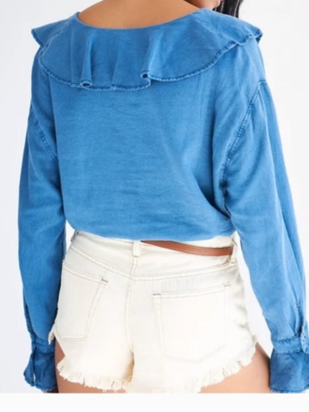 FREE PEOPLE AMBER RUFFLED LONG SLEEVE BUTTON FRONT TUNIC LARGE BLUE - Picture 2 of 6